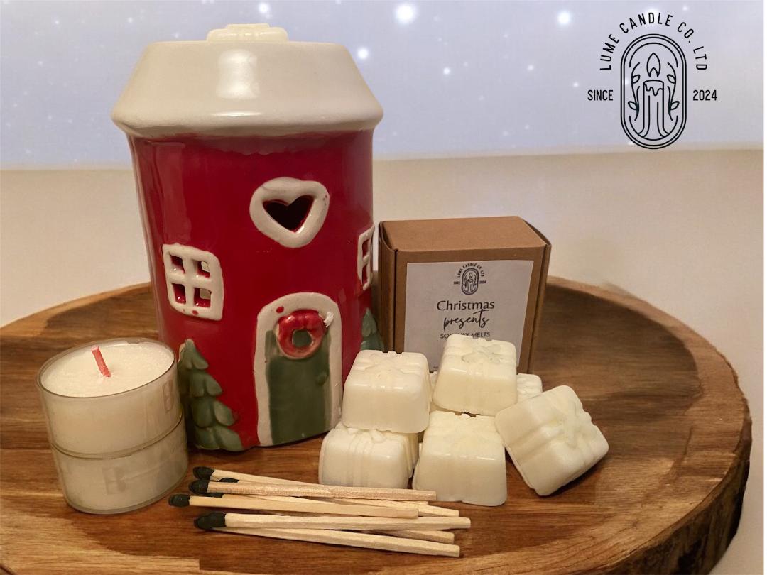 Ceramic Christmas Cottage Wax Burner Gift Set